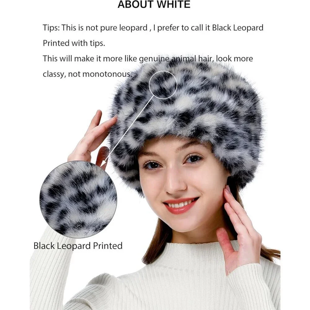 Women Black Leopard Warm Winter Hat Faux Fur Russian Cossack Style